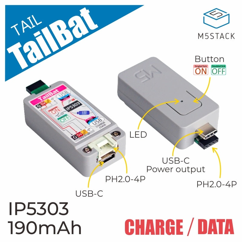M5Stack Official ATOM TailBat External Rechargeable Lithium Battery 190mAh Portable Power IP5303 Chip With Indicator Light