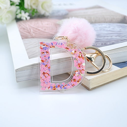 1PC Women Keychains  26 Glitter Hollowed-out  Words Handbag English Letter Keyring  with Puffer Ball Charms