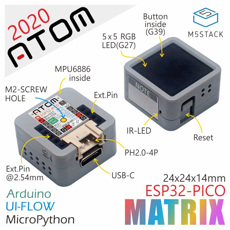 M5Stack Official 2020 New Arrival ATOM Matrix ESP32 PICO Development Kit Arduino IMU Sensor Python