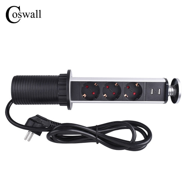COSWALL 16A PULL POP UP 3 Power Socket 2 USB Charging Port Kitchen Table Desktop Sockets Retractable Countertops Worktop EU Plug