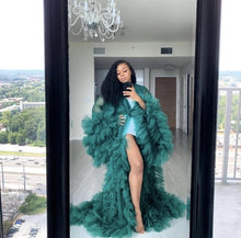 Chic See Thru Tulle Ruffles Black Long Kimono Tiered Ruched A-line Prom Gowns Puffy Sleeves African Cape Cloak