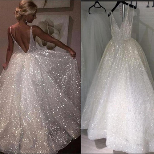LORIE 2020 Beach Glitter Wedding Dress v neck Party Bridal Dresses vestido de noiva gelinlik Arabic mariee shiny Bridal Gowns