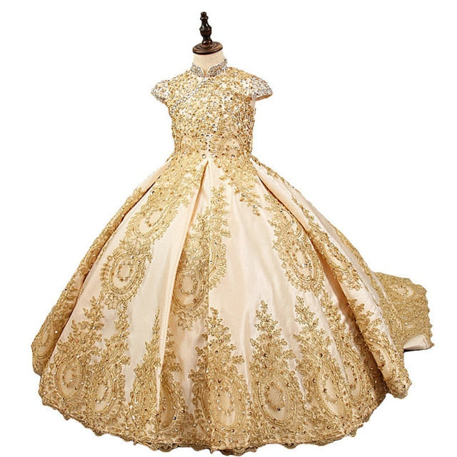 Golden Beads Flower Girl Dresses For Wedding Fashionable Pageant Gown Sleeveless lace Appliques Holy Communion Dresses for girl