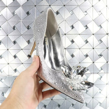 Cinderella Glass Pointed High Heels Crystal Silver Bottom Women Pumps Rhinestones Flowers Wedding Shoes Woman Ladies Bridal Shoe