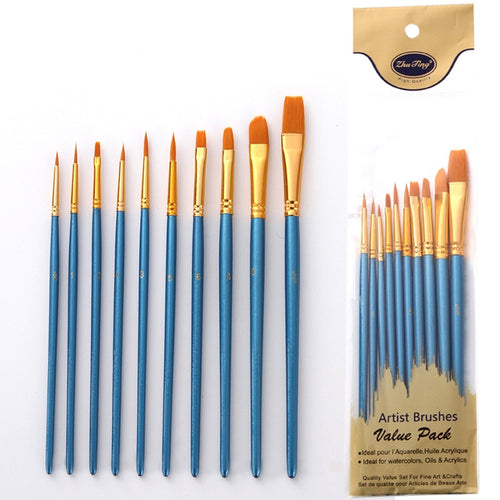 10Pcs/set Nylon Artist Paint Brush Professional Watercolor Acrylic Wooden Handle Painting Brushes Art Supplies Stationery