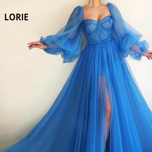 LORIE Long Puffy Sleeve Blue Prom Dresses Tulle Backless Lace-up Evening Gown Formal Evening Party Gown Robe De Soiree Plus Size