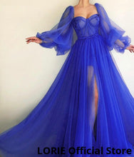 LORIE Long Puffy Sleeve Blue Prom Dresses Tulle Backless Lace-up Evening Gown Formal Evening Party Gown Robe De Soiree Plus Size