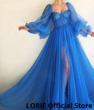 LORIE Long Puffy Sleeve Blue Prom Dresses Tulle Backless Lace-up Evening Gown Formal Evening Party Gown Robe De Soiree Plus Size