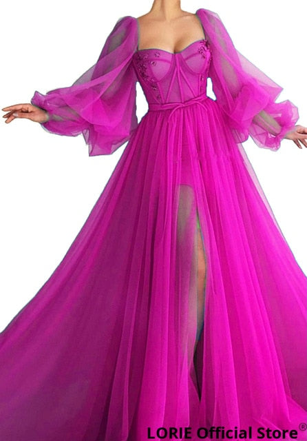 LORIE Long Puffy Sleeve Blue Prom Dresses Tulle Backless Lace-up Evening Gown Formal Evening Party Gown Robe De Soiree Plus Size