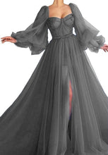 LORIE Long Puffy Sleeve Blue Prom Dresses Tulle Backless Lace-up Evening Gown Formal Evening Party Gown Robe De Soiree Plus Size
