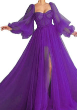 LORIE Long Puffy Sleeve Blue Prom Dresses Tulle Backless Lace-up Evening Gown Formal Evening Party Gown Robe De Soiree Plus Size
