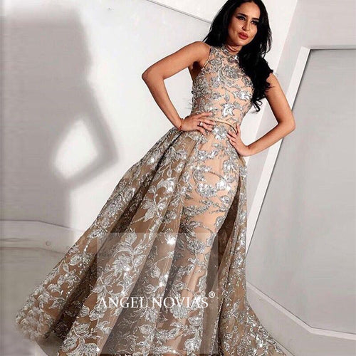 Long Grey Champagne Lace Mermaid High Neck Arabic Evening Dress 2020 kaftan Dubai Formal Evening Gowns with Detachable Skirt
