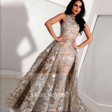 Long Grey Champagne Lace Mermaid High Neck Arabic Evening Dress 2020 kaftan Dubai Formal Evening Gowns with Detachable Skirt