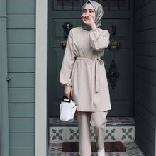 2 Pieces Dubai Muslim lace-up tops and pants suits female kaftan Oman Turkish Hijab Muslim islamic dress ramadan ropa F1493