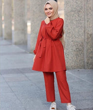 2 Pieces Dubai Muslim lace-up tops and pants suits female kaftan Oman Turkish Hijab Muslim islamic dress ramadan ropa F1493