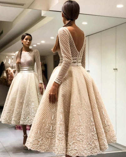 Elegant Bige Color Unique Lace Cocktail Dresses Full Sleeves V-Back Ankle Length Prom Gowns 2019 Robe De Soiree Party Dresses