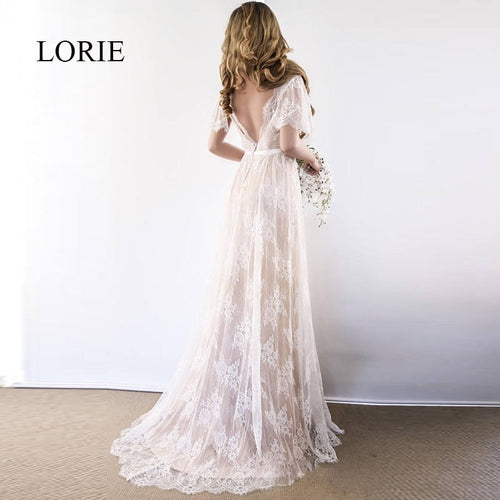 LORIE Boho Wedding Dress 2020 V Neck Cap Sleeve Lace Beach Wedding Gown Cheap Backless Custom Made A-Line Bride Dresses