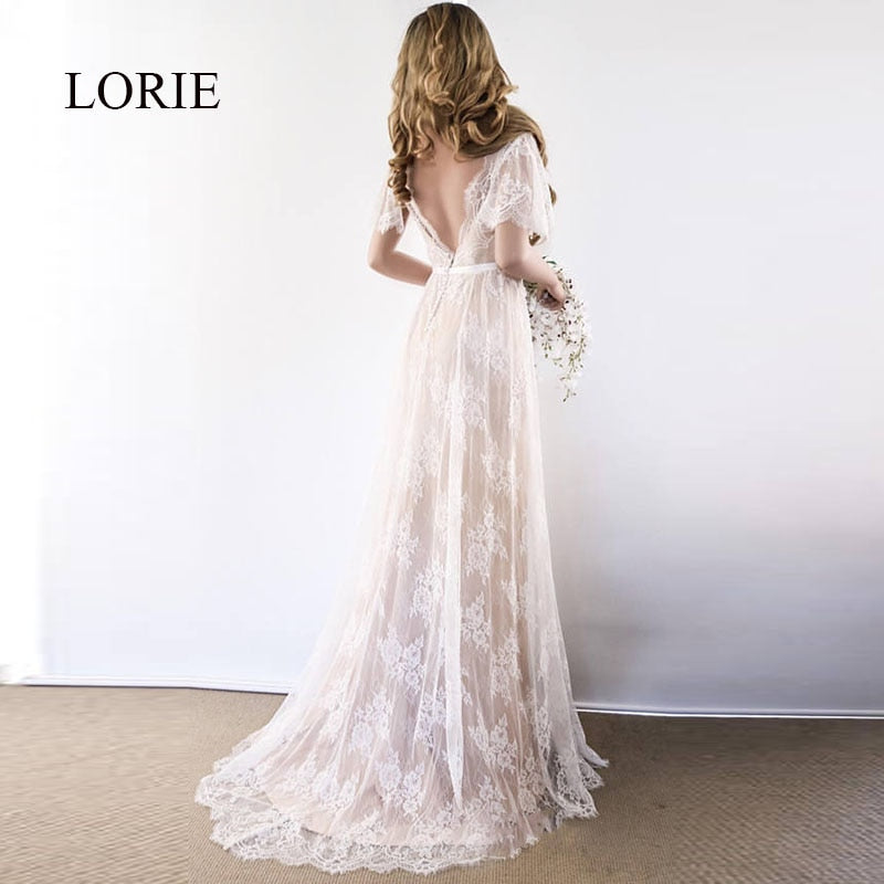 LORIE Boho Wedding Dress 2020 V Neck Cap Sleeve Lace Beach Wedding Gown Cheap Backless Custom Made A-Line Bride Dresses