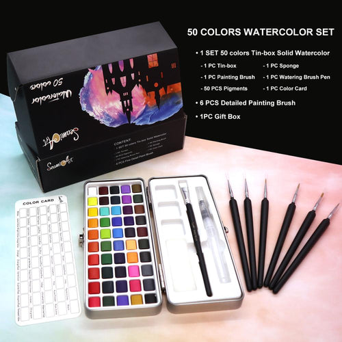 SeamiArt 50Color Solid Watercolor Paint Set Portable Metal Box Watercolor Pigment for Beginner Drawing Watercolor Paper Supplies