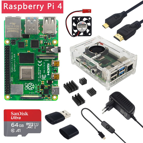 Raspberry Pi 4 Model B 2GB/4GB/8GB RAM + Case + Fan + Heat Sink + Power Adapter + 32/64 GB SD Card + Micro HDMI Cable for RPI 4B
