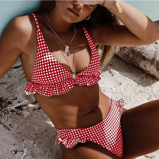 Bikinis Set Plaid High Waist Ruffle Women's Swimsuit Sexy Two Piece Bathing Suits Swimming Women Dot Swimsuit Push-up Bikini Set