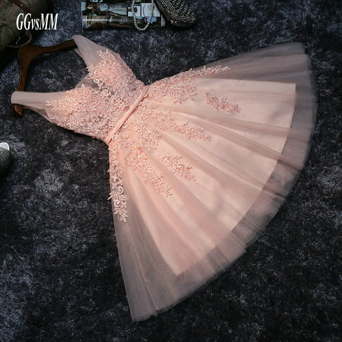 Elegant Pearl Pink Prom Dresses 2020 Sexy Prom Dress Short V Neck Appliques Beading Lace Up Knee-Length Graduation Party Gowns