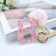 1PC Women Keychains  26 Glitter Hollowed-out  Words Handbag English Letter Keyring  with Puffer Ball Charms