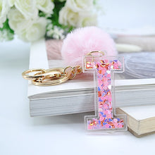 1PC Women Keychains  26 Glitter Hollowed-out  Words Handbag English Letter Keyring  with Puffer Ball Charms