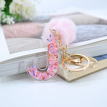 1PC Women Keychains  26 Glitter Hollowed-out  Words Handbag English Letter Keyring  with Puffer Ball Charms