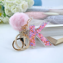 1PC Women Keychains  26 Glitter Hollowed-out  Words Handbag English Letter Keyring  with Puffer Ball Charms