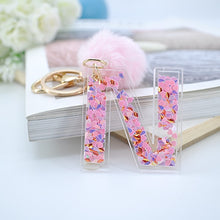 1PC Women Keychains  26 Glitter Hollowed-out  Words Handbag English Letter Keyring  with Puffer Ball Charms