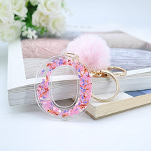 1PC Women Keychains  26 Glitter Hollowed-out  Words Handbag English Letter Keyring  with Puffer Ball Charms