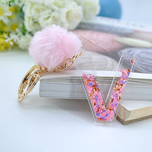 1PC Women Keychains  26 Glitter Hollowed-out  Words Handbag English Letter Keyring  with Puffer Ball Charms