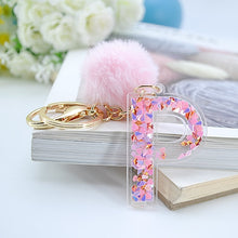 1PC Women Keychains  26 Glitter Hollowed-out  Words Handbag English Letter Keyring  with Puffer Ball Charms