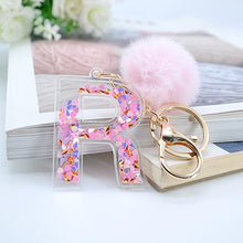 1PC Women Keychains  26 Glitter Hollowed-out  Words Handbag English Letter Keyring  with Puffer Ball Charms