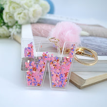 1PC Women Keychains  26 Glitter Hollowed-out  Words Handbag English Letter Keyring  with Puffer Ball Charms