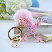 1PC Women Keychains  26 Glitter Hollowed-out  Words Handbag English Letter Keyring  with Puffer Ball Charms