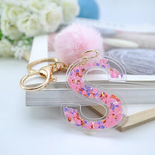 1PC Women Keychains  26 Glitter Hollowed-out  Words Handbag English Letter Keyring  with Puffer Ball Charms