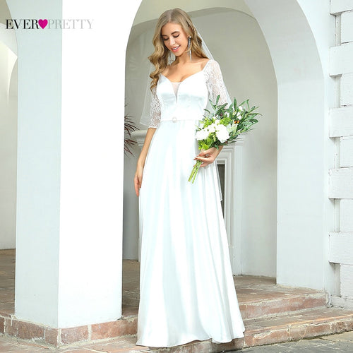 White Satin Wedding Dress 2020 Ever Pretty Elegant A Line Half Sleeve Lace Simple Bridal Gowns Vestido EP00553WH Sukienka Biala