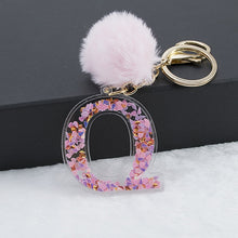 1PC Women Keychains  26 Glitter Hollowed-out  Words Handbag English Letter Keyring  with Puffer Ball Charms