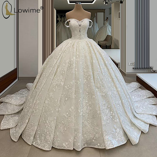 2020 New Robe De Mariee Puffy Ball Gown Wedding Dresses Sweetheart Neck Lace Applique Beaded Court Train Bridal Gowns