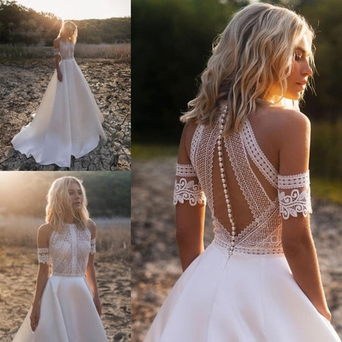 Bohemian Wedding Dresses 2020  Lace Satin Bridal Gowns Button Back A-Line Wedding Dress Robe De Mariee