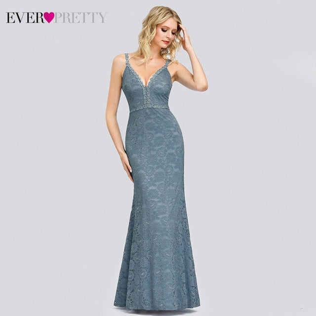 Sexy Blue Lace Evening Dresses Ever Pretty EP00846 V-Neck Sleeveless Spaghetti Straps Illusion Mermaid Party Gowns Abendkleider