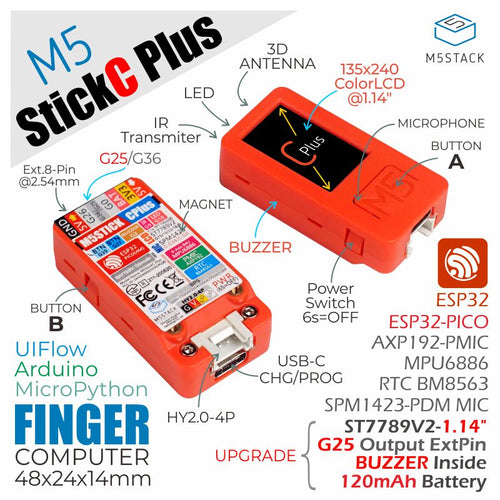 New Arrival! Official M5Stack M5StickC PLUS ESP32-PICO Mini IoT Development Kit Bluetooth and WiFi Bigger Screen IoT Controller