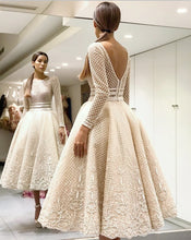 Elegant Bige Color Unique Lace Cocktail Dresses Full Sleeves V-Back Ankle Length Prom Gowns 2019 Robe De Soiree Party Dresses