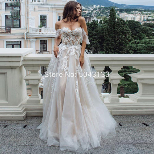 Sexy Sweetheart Lace Appliques A Line Wedding Dresses Off Shoulder Sleeveless Tulle Wedding Gowns for Brides Formal Dresses 2020