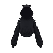 Harajuku Sweatshirt Women Punk Gothic Sweatshirt Autumn Winter Plus Velvet Hollow Out Lace Long Sleeve Cute Hoodie With Cat Ears