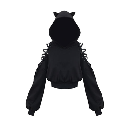 Harajuku Sweatshirt Women Punk Gothic Sweatshirt Autumn Winter Plus Velvet Hollow Out Lace Long Sleeve Cute Hoodie With Cat Ears