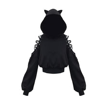 Harajuku Sweatshirt Women Punk Gothic Sweatshirt Autumn Winter Plus Velvet Hollow Out Lace Long Sleeve Cute Hoodie With Cat Ears