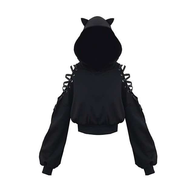 Harajuku Sweatshirt Women Punk Gothic Sweatshirt Autumn Winter Plus Velvet Hollow Out Lace Long Sleeve Cute Hoodie With Cat Ears